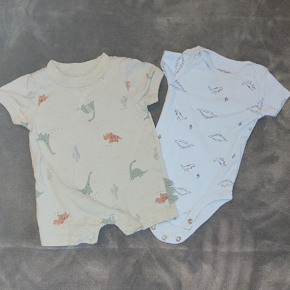 Carter's Dinosaur Print Bodysuits - Cream and Light Blue